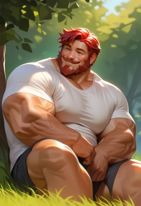 solo, 1boy, muscular old man, wide shoulder, pectoral, thick arms, huge pectoral, wide pectoral, sitting on meadow, huge tree ba...