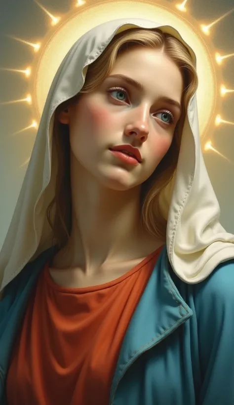 Beautiful Virgin Mary close-up、Even if I don&#39;t want to, I feel ecstasy.。Red Tunic、Blue coat、White Veil、halo