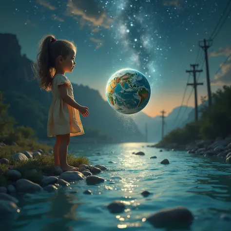 Planet Earth in the Form of a Pebble, Girl Takes a Planet-Shaped Stone and Throws It into the River, Which is like a galaxy, flows into Infinity,  