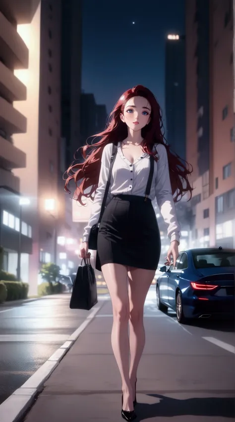 young woman, is walking alone at night, she walking off car park lots, apartment building background, she has black long straight hair (+forehead), wearing white long sleeves cardigan, silver singlet, black pencil skirt, black heels, BREAK, ((best quality,...