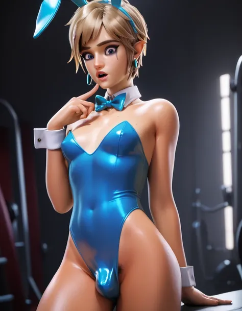 overwatch render, solo boy, Linkxl, pixie hair, natural makeup, slim body, tanned skin, toned body, wearing bunny costume leotard, small breasts, earrings, (surprised expression:0.9), gesturing with finger, soft light, bright light, pubic hair peek, gym