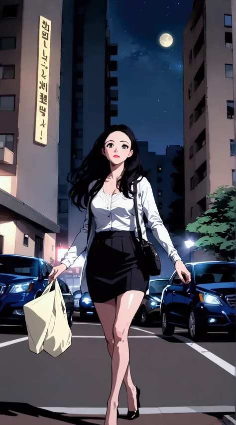 young woman, is walking alone at night, she walking off car park lots, apartment building background, she has black long straight hair (+forehead), wearing white long sleeves cardigan, open cardigan outer, silver singlet, black pencil skirt, black heels, B...