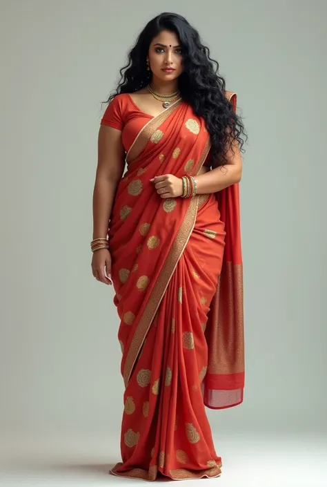 A full-body portrait of an Indian woman with a voluptuous, curvy figure. She has thick thighs and a large breast, complementing her voluptuous physique. She has long, naturally curly black hair. She is wearing a traditional saree, with vibrant colors and i...