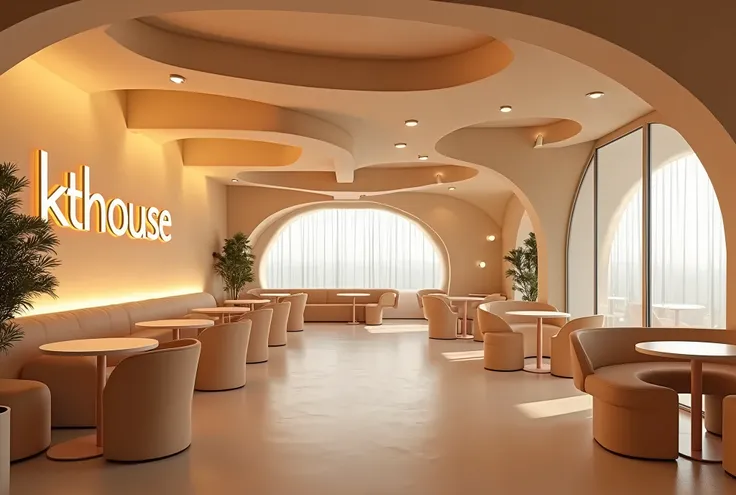 milk tea shop interior, interior design, text "KTHOUSE" made of led neonsign integrated into interior design:1.5, wide angle, many tables and chairs, beige tone, inspired by ocean waves, soft curves, smoothy feeling, modern style, 