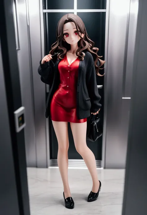 score_9, score_8_up, score_7_up, score_6_up, young woman, is standing alone in front off elevator at night, she has black long wavy hair (+forehead, 4 bangs), wearing black cardigan, open cardigan, red deep v neck t-shirt, red pencil mini dress, black flat...