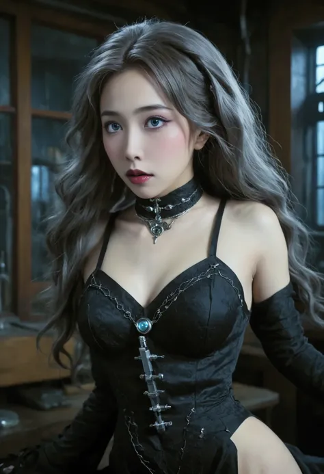 (theme 1920s gothic horror)(beautiful detailed eyes,beautiful detailed lips,extremely detailed eyes and face,long eyelashes), 1girl, a cute yuna (Frankenstein woman, age 25, made of several pieces of people with stitch lines, wild hair, bolts in neck, bare...