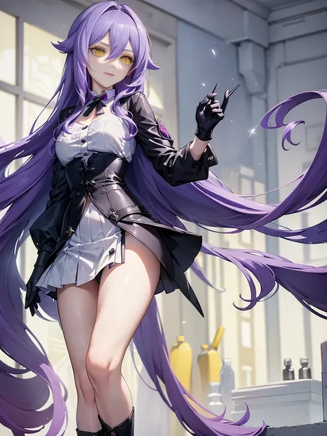 ((Masterpiece)),(( The best quality)), (detailed), expressive eyes, (Perfect face), 1 girl, (standing), (Sirin, Honkai Impact), (long purple hair), (Yellow eyes, ojos detaileds), (sensual lips), (serious expression), showing smile, (slim build), View from ...