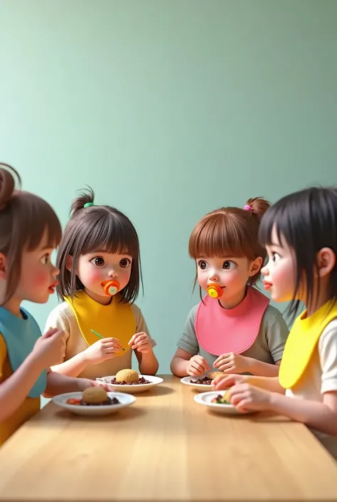 Quatres adolescentes qui mangent à table avec des bavoirs de différentes couleurs des tétines de différentes couleurs et des 