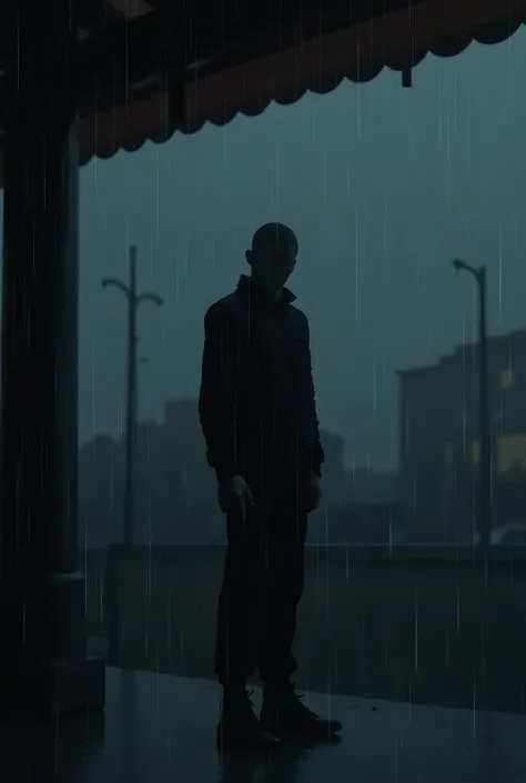 A man stand under a rain night