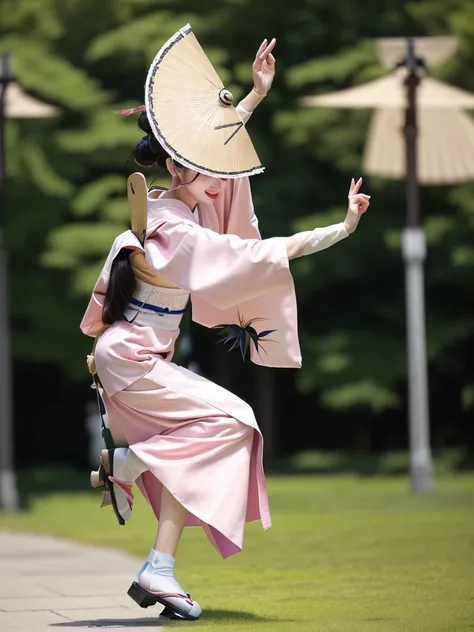 photo-realistic quality、a woman wearing a pale pink kimono and a hat is dancing on the grass in the park,white sleeves、 traditio...