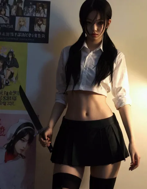 there is a woman in a skirt and shirt holding a knife, a hyperrealistic schoolgirl, hyperrealistic schoolgirl, cruel korean goth...