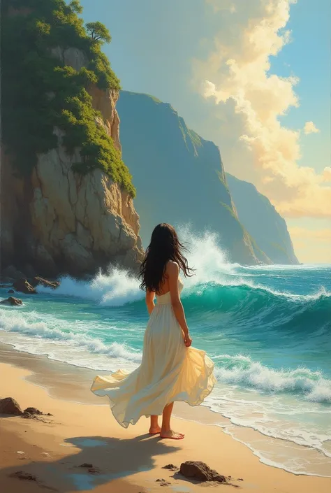 a serene impressionist landscape, oil painting, masterpiece, best quality, ultra-detailed, inspirational, ocean, female character, long dark hair, standing on the shore, contemplative expression, flowing dress, dappled sunlight, golden hour, dramatic cloud...