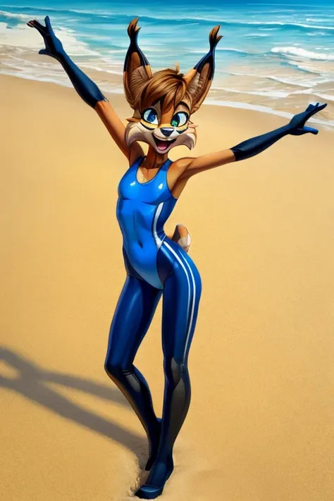 Lynx cartoon skinny slim in blue lycra swimsuit on beach with happy face