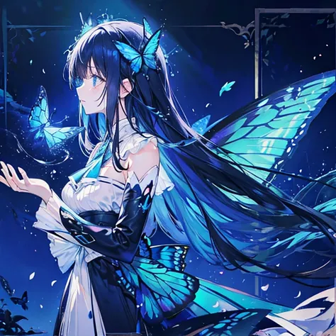 ((Best Quality)),((High resolution)), Morpho butterfly personification, Very beautiful woman, Beautiful dark blue hair, Long Hair, Beautiful blue dress, Butterfly Wings, 一night限りの魔法, night, Starry Sky, A magical indoor garden, dome, Sparkling water fountai...