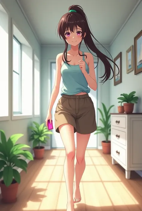 An anime style woman 19, anime style To Love Ru, soft lighting, running down a long hallway, white house with wooden floor, hanging ship portraits, small dresser, some pots with plants, He is 169 cm tall and his measurements are: bust 60 cm, belt 30 cm, hi...