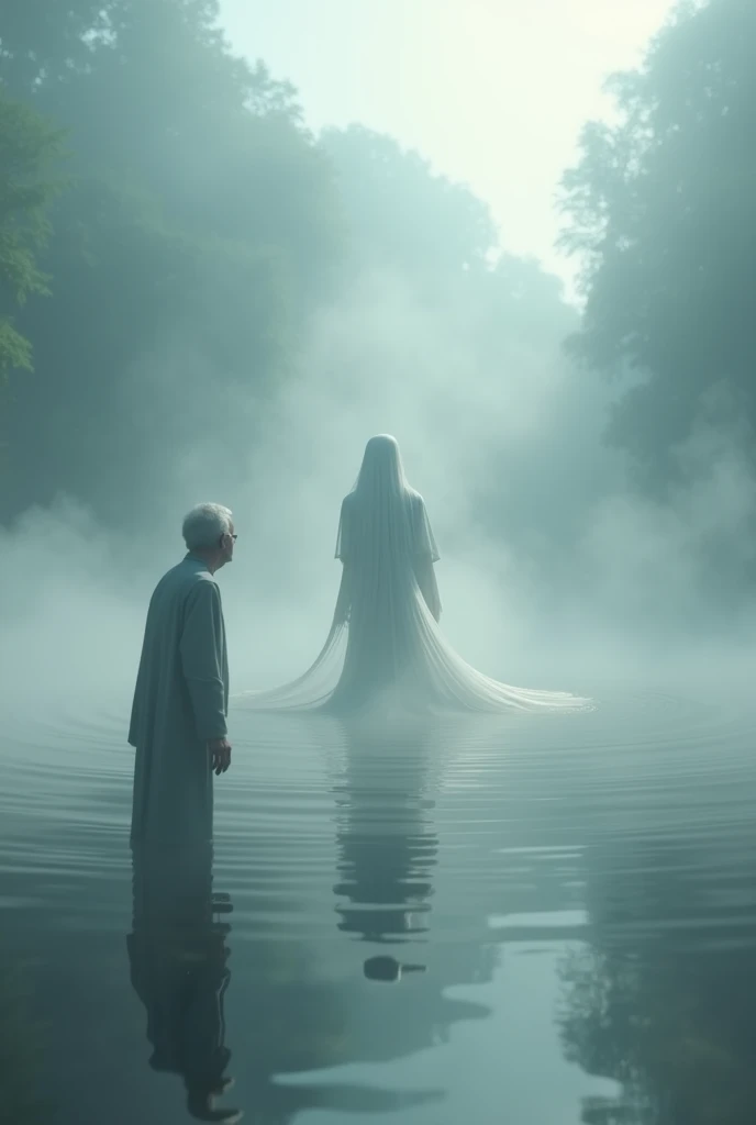 3D animation style, something that cant happen, a goddess appears from the lake and searches for a lost item that sank to the bottom of the lake, the surface of the lake is covered in mist, its a strange but funny scene, a dull old man stands in front of t...