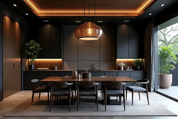 Interior design of DINING ROOM AND KITCHEN area, indochina style, The VILLA interior design, CLOSED SPACE, Glossy black tones inspired by Indochinese style interiors:1.3, smoothy feeling, indochina style, đồ nội thất indochina style:1.4, đồ trang trí indoc...