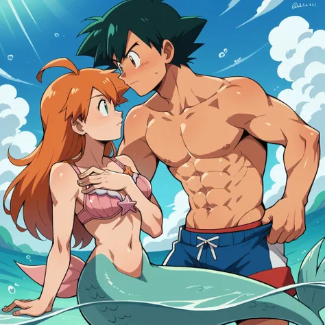 1boy, ash ketchum, black hair, brown eyes, hair between eyes, ash ketchum, shirtless, male swimwear, handsome boy, macho, good looking boy, muscular boy 1girl, misty pokemon, orange hair, long hair, hair down, green eyes, mermaid costume, seashell bra, mer...