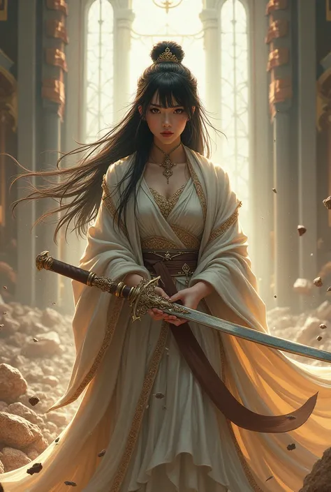 Destroy a church,Chinese style light magic female warrior,Long hair shawl with bangs,Big breasts,Great sword,Magic effect close-up