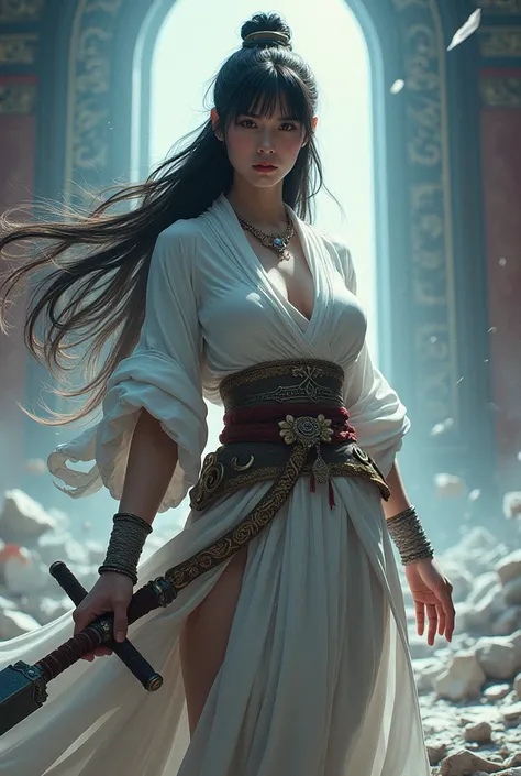 Destroy a church,Chinese style light magic female warrior,Long hair shawl with bangs,Big breasts,Great sword,Magic effect close-up