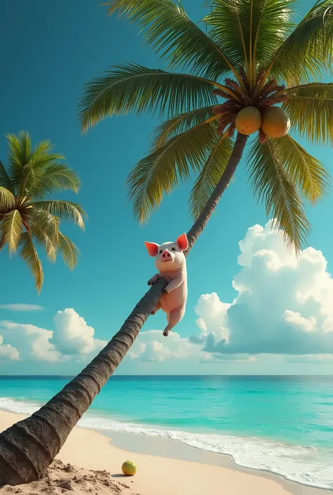 Best Quality、masterpiece、RAW Photos、Ultra-high resolution、realism、A deserted island with palm trees、Coconut、Realistic pig climbing a palm tree、Pigs are small、Surreal、Movie angle、Poster