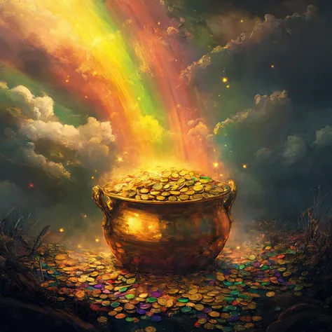 1girl, rainbow, pot of gold, ultra-detailed, hyper-realistic, 8k, cinematic lighting, surreal, fantasy, magic, dramatic, highly detailed, intricate, complex, whimsical, ethereal, shimmering, glowing, mystical, vibrant colors, jewel-toned, warm tones, dynam...