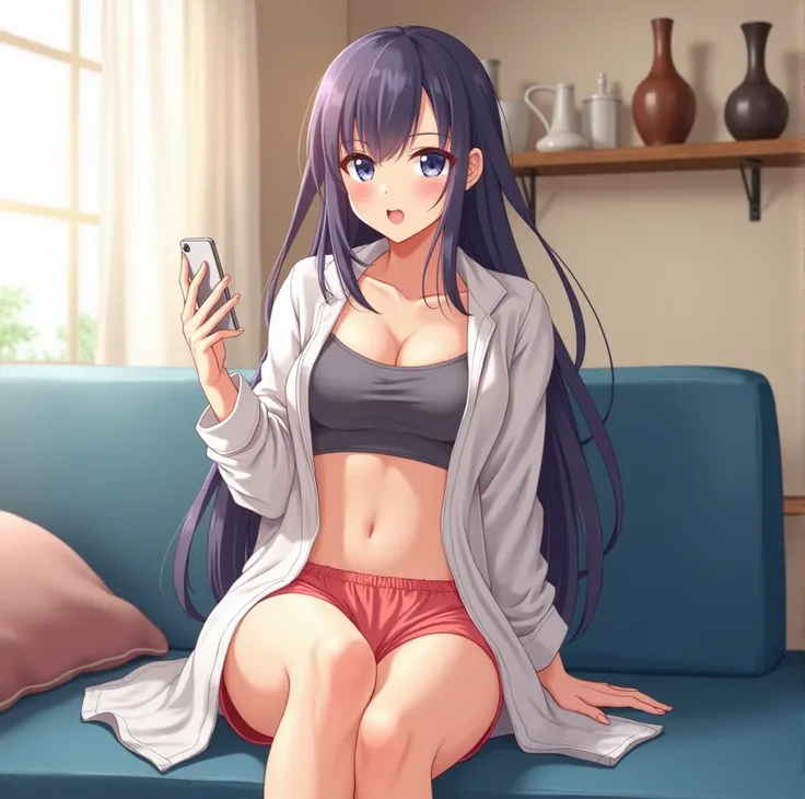 An 1 anime style woman, shoot estilo To Love Ru, soft lighting, sitting on a blue piece of furniture with her feet on the furniture, living room of a honey house, white closed curtains, Behind her a shelf with vases, He is 169 cm tall and his measurements:...