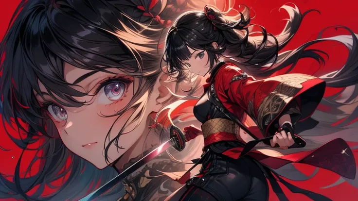 ((best quality)), ((masterpiece)), (detailed), 1girl, female, bloody background, red background ,holding a katana, katana with one hand, side view , normal hand texture,