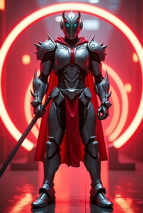 4k, realistic, high detail photography, futuristic kamen rider with sleek design. This Kamen Rider has a rusty-looking silver and red ancient Roman soldiers body armor with sharp, angular lines and intricate details with a futuristic design. Its limbs were...