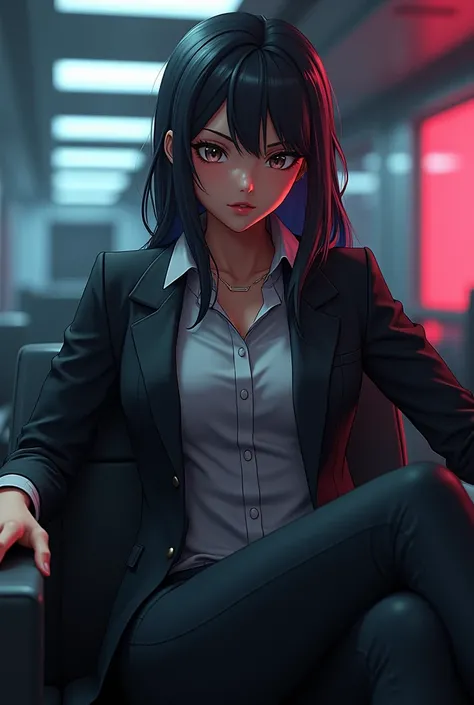 "A confident female CIA agent sits on a chair with her leg crossed, exuding a determined and smug expression. She wears her iconic agent suit—sleek, professional, and tactical—reflecting her skilled combatant nature and master tactician mindset. Her postur...