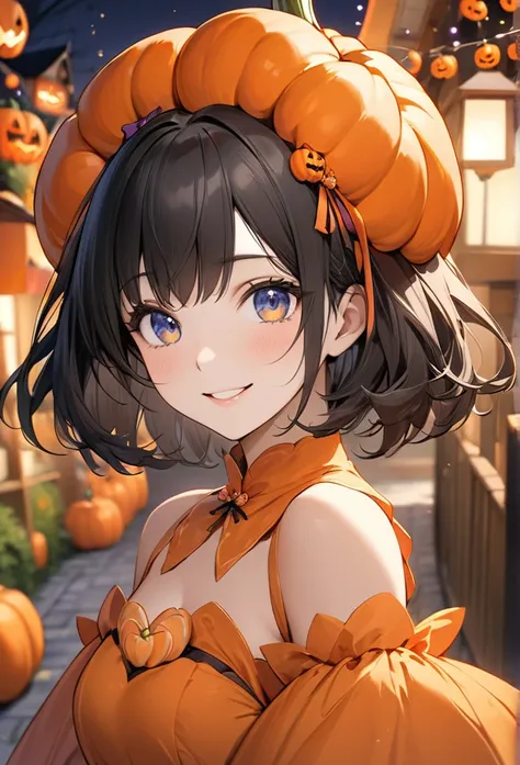 Upper body close-up（((masterpiece), on)"Perfect face, short black hair, beautiful eyes, Japanese, clean facial features, she wears a pumpkin-themed princess costume, with an orange and black dress, smiling gracefully. In the background, a path adorned with...