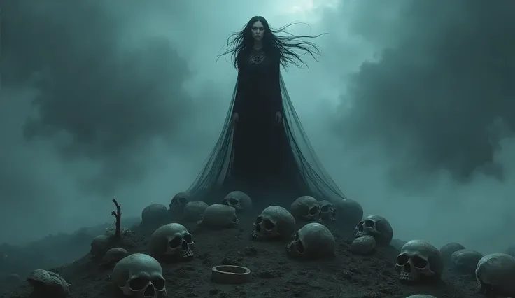 Witchy Woman, woman standing on a pile of human skulls, bones, the darkest night, terrifying fog, 