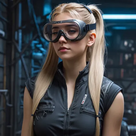 Gadget Hackwrench, realistic character, long straight blonde hair, ponytail with headband, unzipped jumpsuit with short sleeves, sheer topic under jumpsuit, round goggles rest on her head, alone, cyberpunk athmosphere