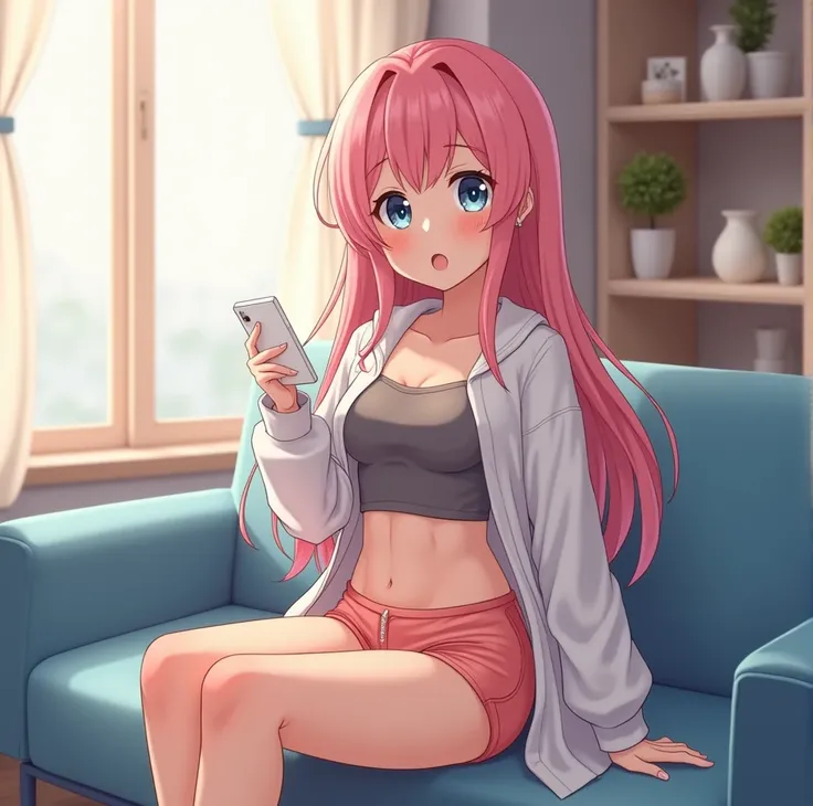 An 1 anime style woman, shoot estilo To Love Ru, soft lighting, sitting on a blue piece of furniture with her feet on the furniture, living room of a honey house, white closed curtains, Behind her a shelf with vases, He is 169 cm tall and his measurements:...