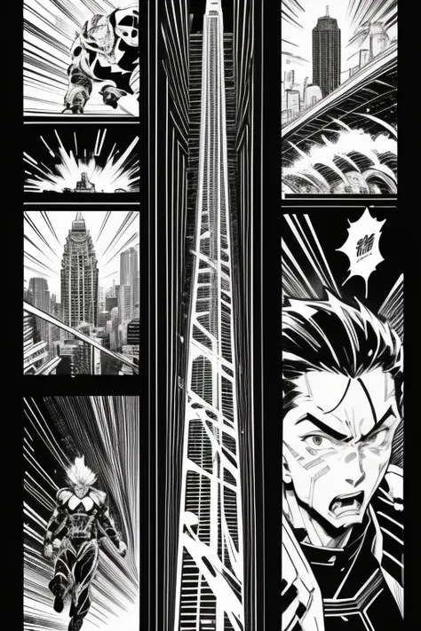 Science Fiction Manga、Black and white comics、Japanese Manga、Monochrome、 A comic strip depicting a cyborg running through a futuristic city, drawn frame by frame.