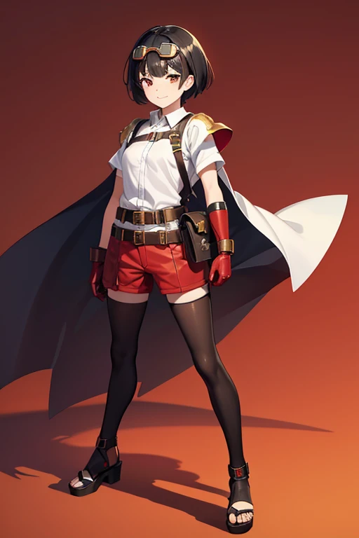 Anime Art、Full body portrait、Characters of the early modern period、Background blank、A female pilot standing upright, about 160cm tall, about 3, wearing a red short-sleeved shirt and red shorts, and wearing goggles on her forehead.、She is wearing black tigh...