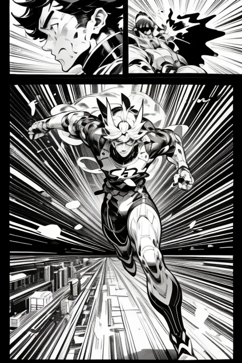 science fiction manga、black and white comics、japanese manga、monochrome、 a comic strip drawn frame by frame of a cyborg man runni...