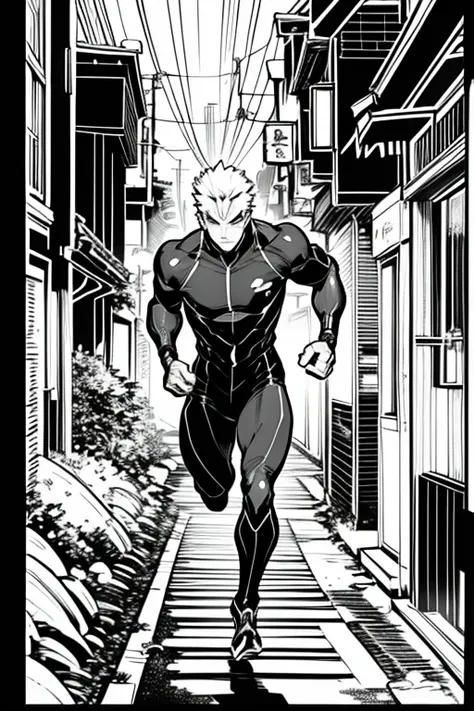 Science Fiction Manga、Black and white comics、Japanese Manga、Monochrome、 A comic strip drawn frame by frame of a cyborg man running through a futuristic city