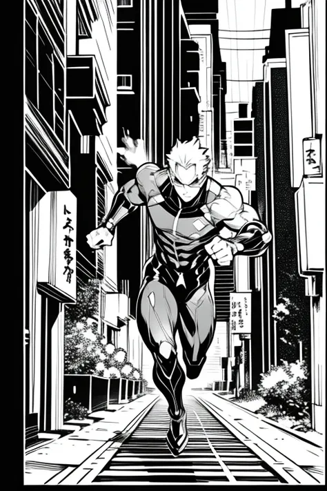 Science Fiction Manga、Black and white comics、Japanese Manga、Monochrome、 A comic strip drawn frame by frame of a cyborg man running through a futuristic city