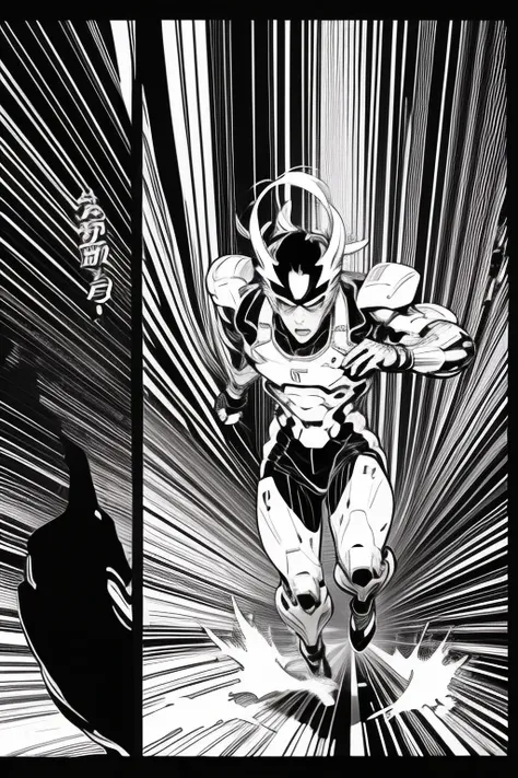 Science Fiction Manga、Black and white comics、Japanese Manga、Monochrome、 A comic strip depicting a cyborg running through a futuristic city, drawn frame by frame.