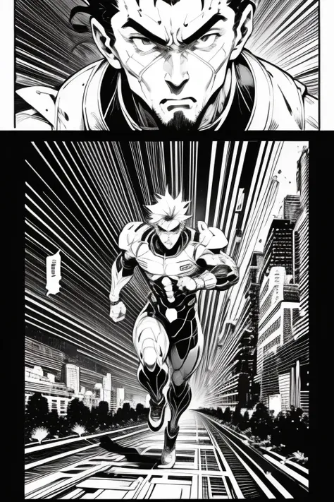 science fiction manga、black and white comics、japanese manga、monochrome、 a comic strip depicting a cyborg running through a futur...