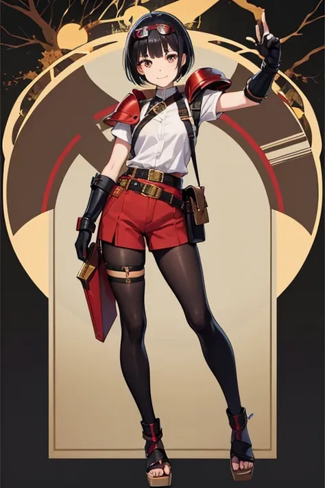 Anime Art、Full body portrait、Characters of the early modern period、Background blank、A female pilot standing upright, about 160cm tall, about 3, wearing a red short-sleeved shirt and red shorts, and wearing goggles on her forehead.、She is wearing black tigh...