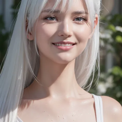 White skin, white hair, white eyes, (8K), (Highest quality: 1.2), (Realistic), (Photorealistic: 1.37), Ultra HD, Girl, Cute, Smile, Closed mouth, Beautiful details, Beautiful nose, full body, wet hair, slender, (8k), (best quality: 1.2), (real), ultra HD, ...