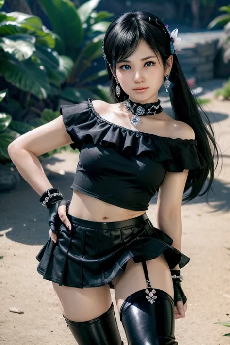 Kokoro, better quality, Crystal earrings, Hair flower, usamdo top branco, wearing black mini skirt, wearing long black glove, wearing black boots