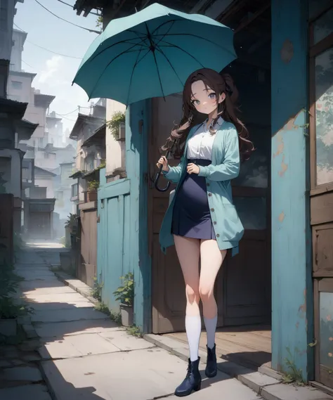 young woman, is walking alone at evening, holding an umbrella, she has dark brown curly hair (+forehead, 4 bangs, half up half down hair), wearing teal-gray cardigan, open cardigan, dark mauve  pencil mini dress, white stocking, dark navy-blue ankle heel b...