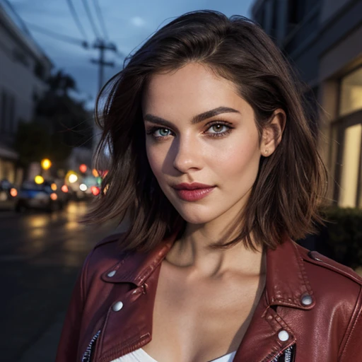 Best quality, realistic, from the front in first person, KristannaTX on a Los Angeles city street, (a female mexican supermodel), (sexy wine red leather jacket:1.1), split, Seductive smile, (dark hair), (hairstyle:1.0), Perfect eyes, sharp parts, Detailed ...