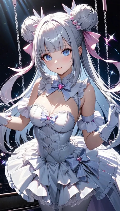 kawaii magical girl, hanging from a high bar, blunt bangs, double bun, silver glossy silky straight hair, make up, fascinating, amorous and lewd expression, captivating beautiful light blue eyes, wearing white gothic bustier dress, white ruffle sleeves ope...