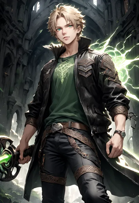 Renall has short, straight, light brown hair, with a casual look that reflects his youth. His eyes are light green, which glow when he uses his electrical powers. He wears a dark leather jacket with metallic details on the sleeves, resembling the color of ...