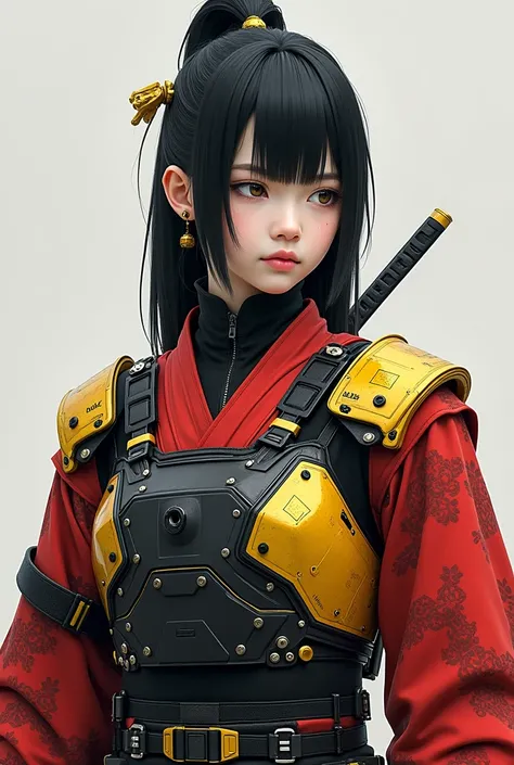 Outfit: A combination of light armor inspired by samurai armor, with a light fiber upper reminiscent of a kimono. The look should include yellow and black accents, reflecting your technological side, while red patterns can highlight your demonic side. Hair...