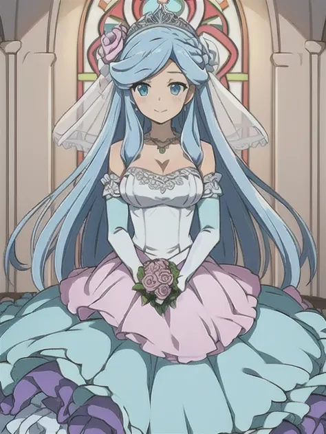 (((Best quality))),((Ultra-detailed)),((illustration)),((Disheveled hair)),((frilld)),(1 girl),(Solo), 1girl, Aqua blue hair, blue eyes,bare shoulders, blue bow, blue flower, blue ribbon, blue rose, blush, bouquet, bow, breasts, bridal veil, cleavage, clos...